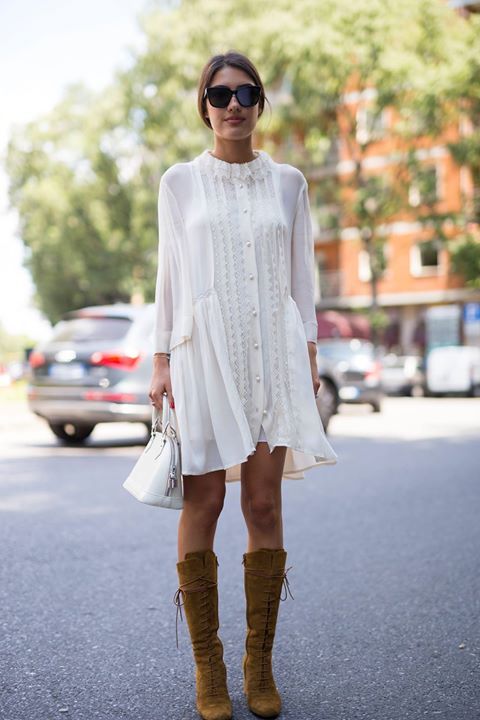 White Button-Down Dress with Brown Suede Boots